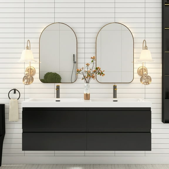 Angela 48" Wall-Mounted Double Sink Bathroom Vanity in Matte Black with White Basin