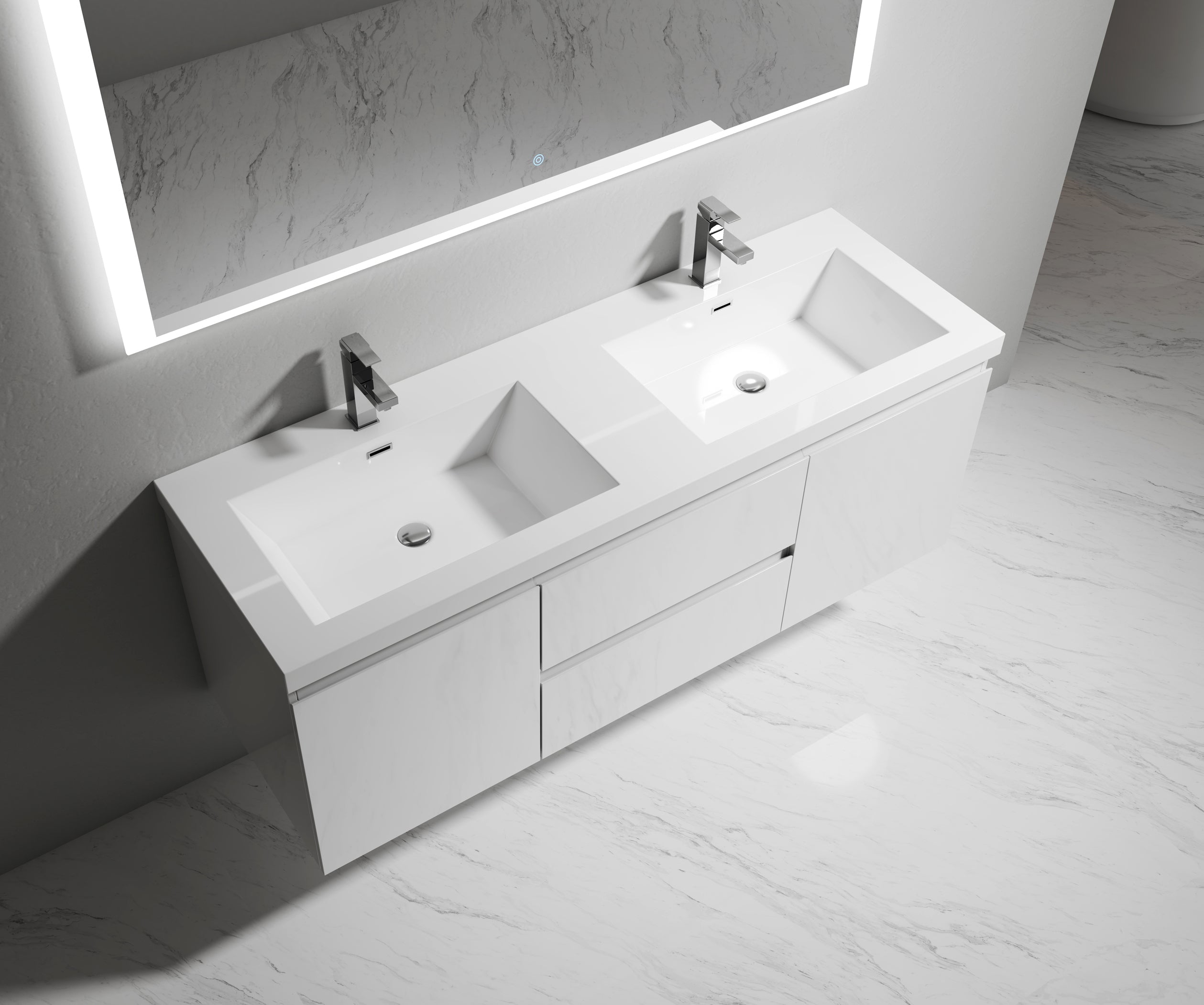 Gloss White Double Sink Wall-Mount Vanity with Acrylic Sink