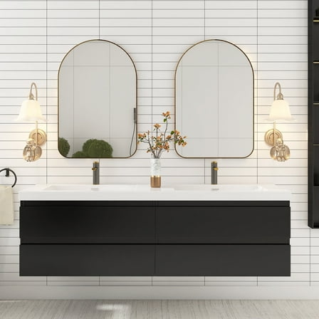 Angela 72" Wall-Mounted Bathroom Vanity in Matte Black with White Basin