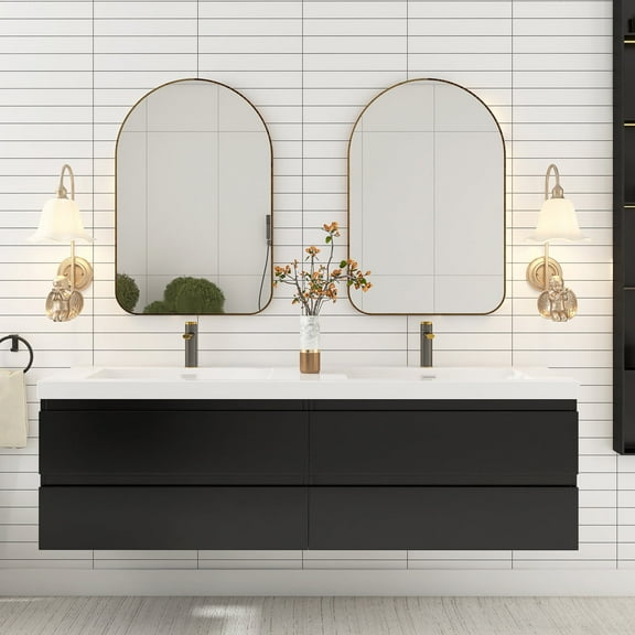 Angela 72" Wall-Mounted Bathroom Vanity in Matte Black with White Basin