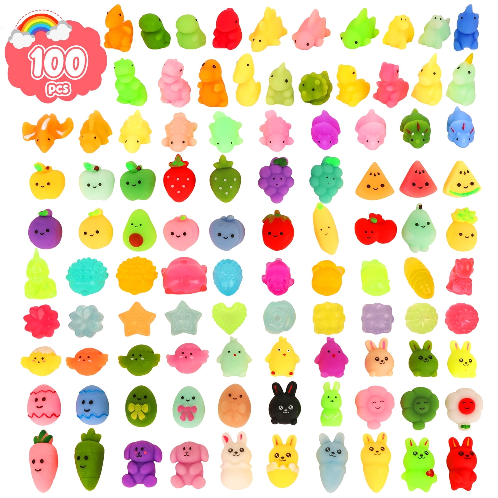 100 Mochi Squishy Toys for Kids Party Favors Fruit Animal Mini