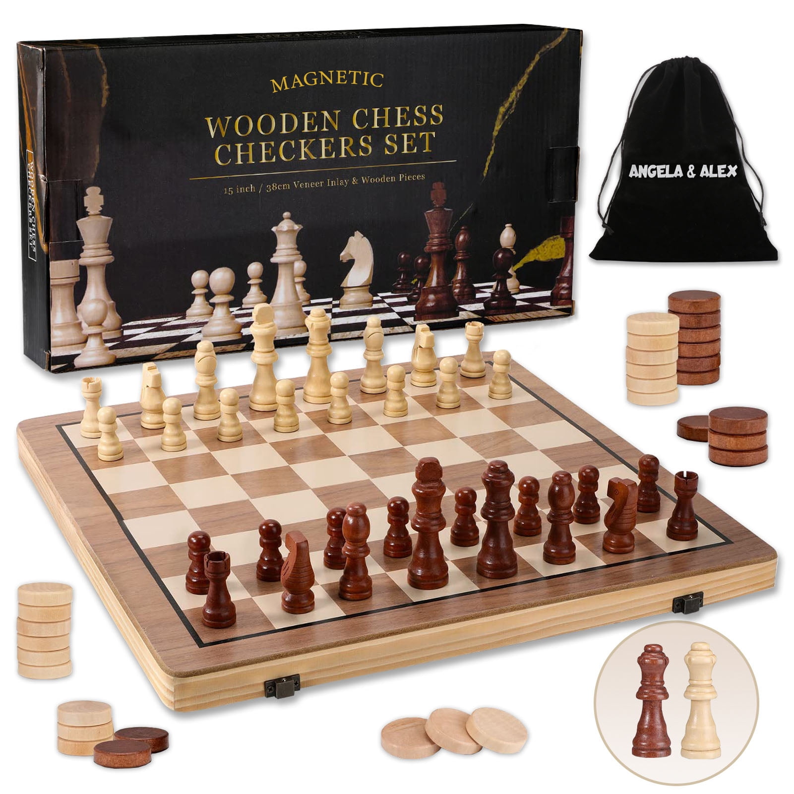 AMEROUS Magnetic Wooden Chess and Checkers Game Set, 15 Inches (2 in 1)  Chess Board Games, 2 Extra Queens - Gift Package - Game Pieces Storage  Slots