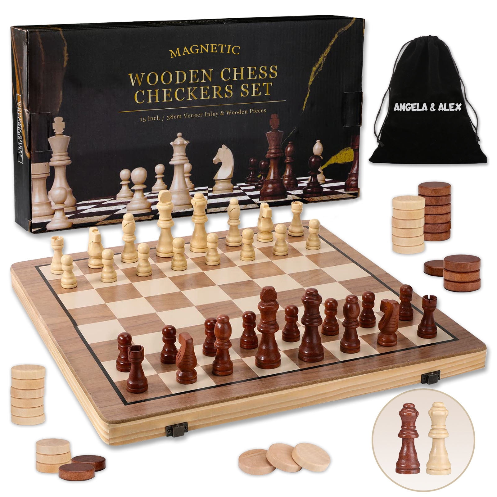  AMEROUS 15 Inches Magnetic Wooden Chess Set - 2 Extra