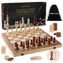 Angela&Alex 15 inch Magnetic Wooden Chess Set 2 in 1 Chess Checkers Folding Board Travel Chess Sets Game for Adults and Kids-2 Extra Queen Pieces
