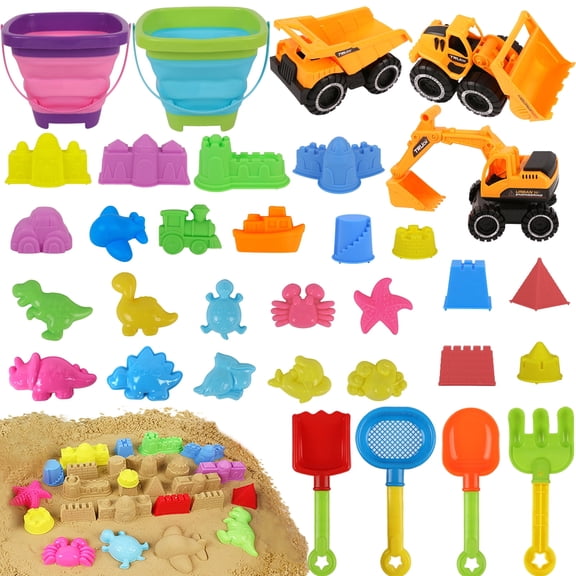 KiddiTouch Sand Toys, 35Pcs Beach Toys, Sandbox Toys with 3 Truck 2 Collapsible Beach Bucket, Sand Castle Toys Kit, Animal Dinosaur Molds, Shovel Set, 2 Mesh Bag, Summer Toys for Kids Toddlers Boys G