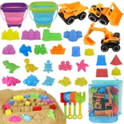 KiddiTouch Sand Toys, 35Pcs Beach Toys, Sandbox Toys with 3 Truck 2 Collapsible Beach Bucket, Sand Castle Toys Kit, Animal Dinosaur Molds, Shovel Set, 2 Mesh Bag, Summer Toys for Kids Toddlers Boys G