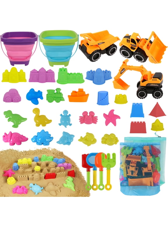 Sand Toys, 35Pcs Beach Toys, Sandbox Toys with 3 Truck 2 Collapsible Beach Bucket, Sand Castle Toys Kit, Animal Dinosaur Molds, Shovel Set, 2 Mesh Bag, Summer Toys for Kids Toddlers Boys G