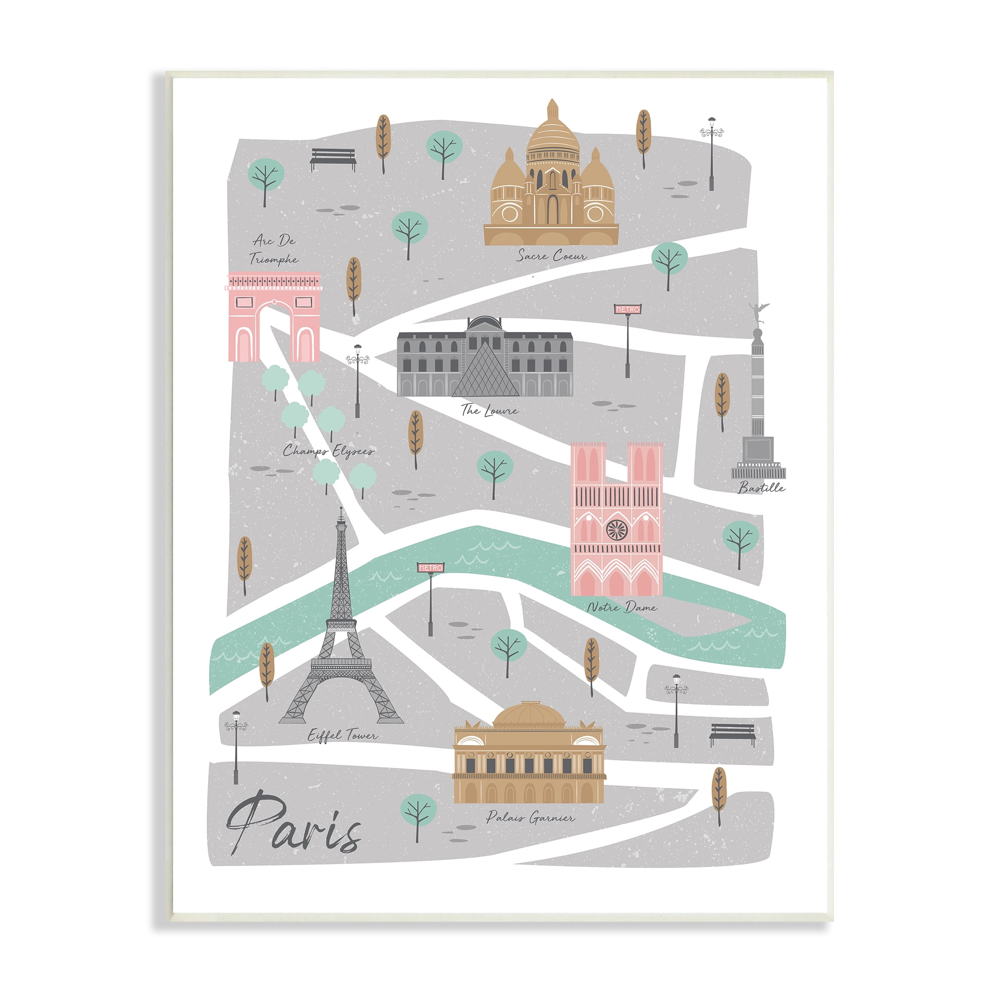 Stupell Industries Paris Landmark Map French City Illustration Pink Grey, 10 x 15, Designed by Angela Nickeas