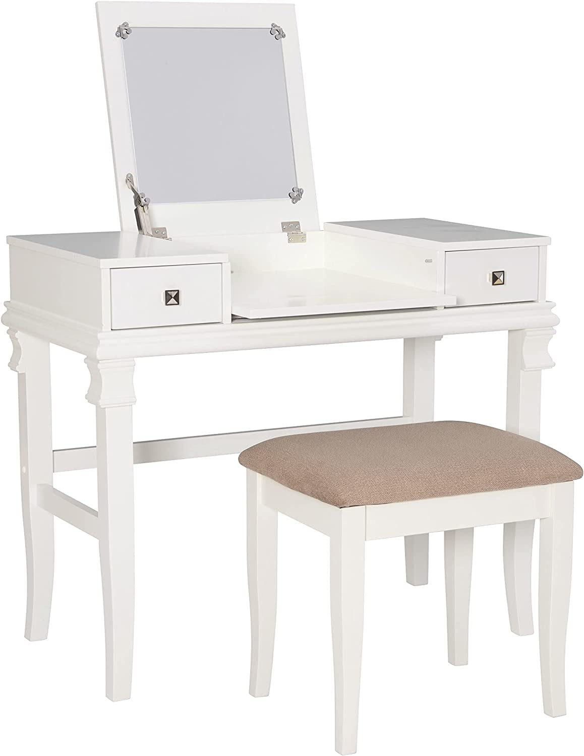 Traditional Angela White Vanity Set with Curved Legs and Bench