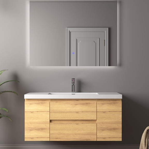 TONA 48" Floating Bathroom Vanity with Sink  Wall-Mounted Cabinet in Andean Oak, White Countertop, Single Faucet Hole, Soft-Close, Pre-Assembled