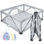 Angelbliss Foldable Baby Playpen for Toddlers, Indoor & Outdoor Activity Center, Portable Play Yard with 2 Handlers+50 Balls (71"×59",Grey)