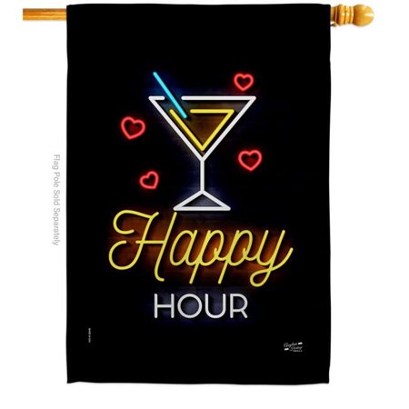 Angeleno Heritage H137481-BO Neon Happy Hour Beverages 28 x 40 in. Double-Sided Decorative Vertical House Flags for Decoration Banner Garden Yard Gift