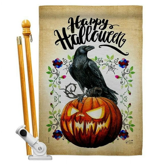Angeleno Heritage HS130411-P3 Crow & Pumpkin Falltime Halloween 28 x 40 in. Double-Sided Decorative Horizontal Flags for Decoration Banner Garden Yard Gift