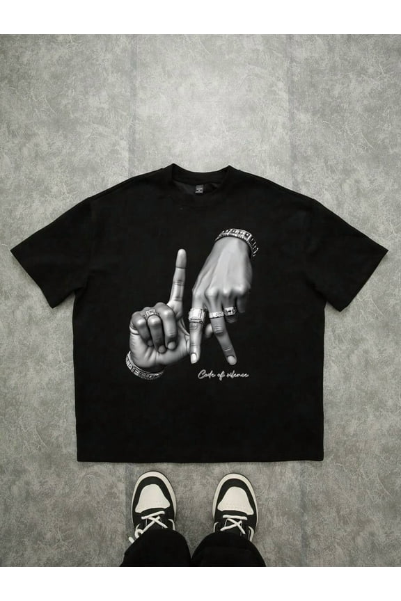 Angeles LA Hand Gesture Logo Print Street Style Black Drop Shoulder T-Shirt For Men