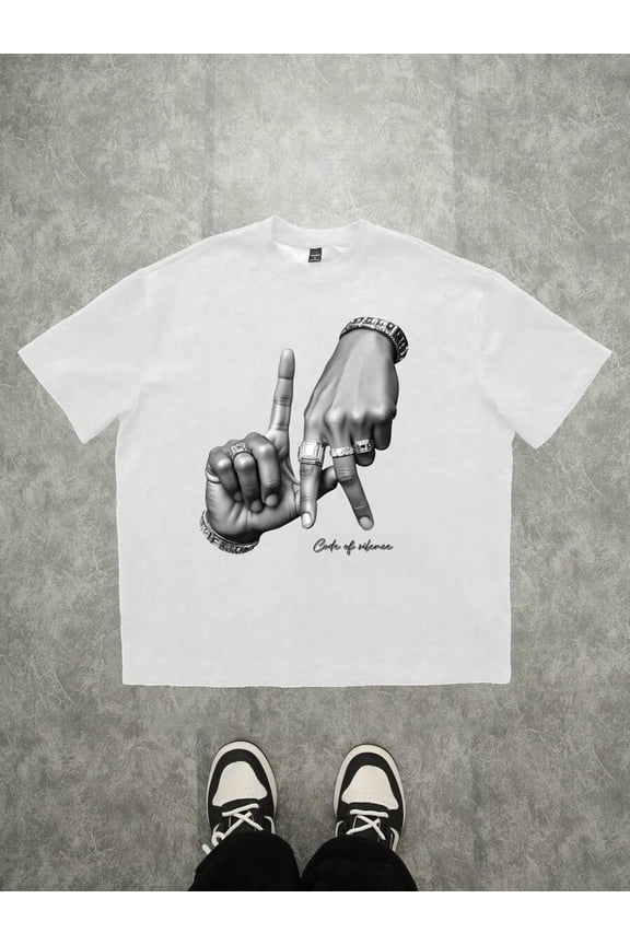 Angeles LA Letter Hand Gesture Logo Print Casual Oversized Men White T-Shirt