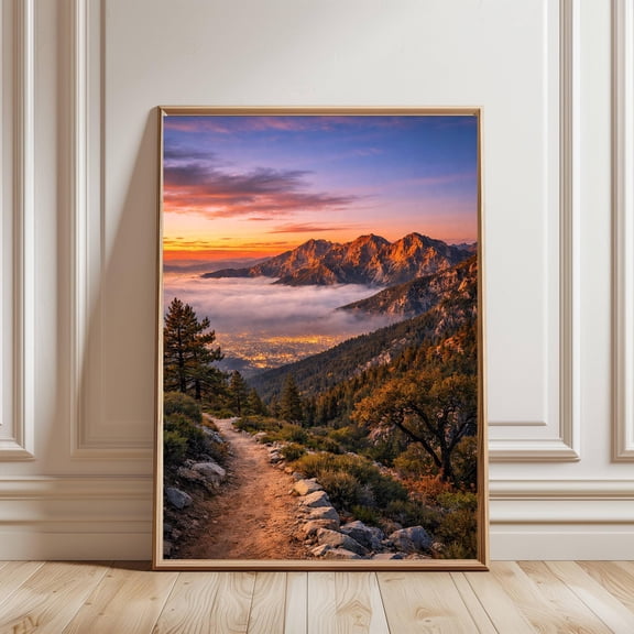 Angeles National Forest California Wall Art, Mountain Sunset Fog Print, Whimsical Hiking Decor Poster , Poster Print Only