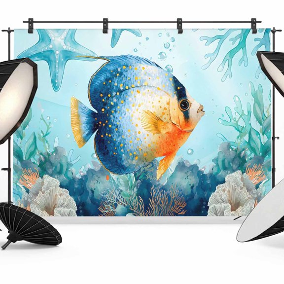 Angelfish Backdrop for Photography, Teal Watercolor Starfish Coral Coastal Ocean Photo Backdrop Portrait Background Party Banner Photo Backgrounds for Studio Booth Props, 7x5ft