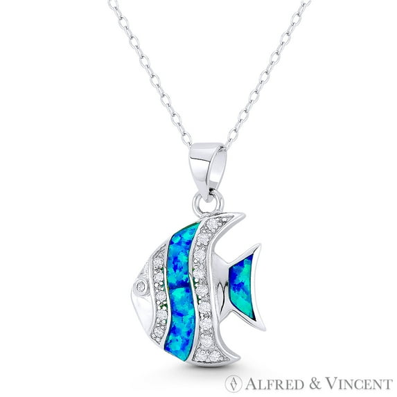Angelfish Created Opal & CZ Crystal 26x15mm (1x0.6in) Pendant & Chain Necklace in .925 Sterling Silver w/ Rhodium