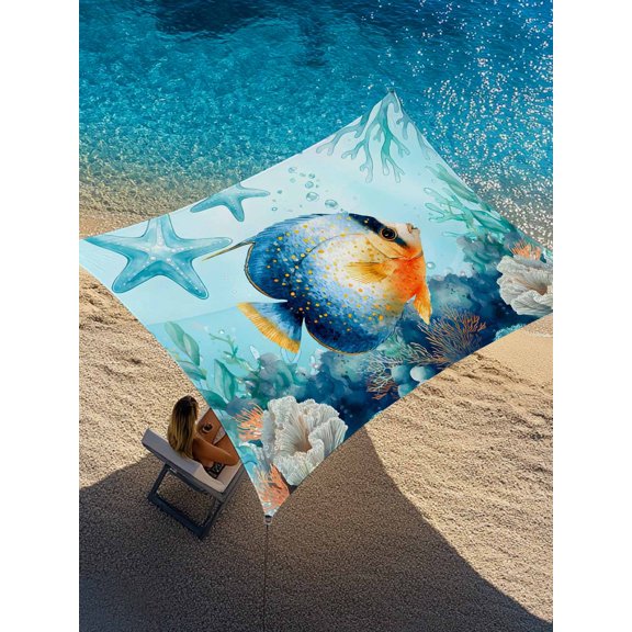 Angelfish Sun Shade Sail 6.5' x 10', Teal Watercolor Starfish Coral Coastal Ocean Rectangle Outdoor Sunshade Canopy, Waterproof UV Block Patio Covers for Garden Yard Beach