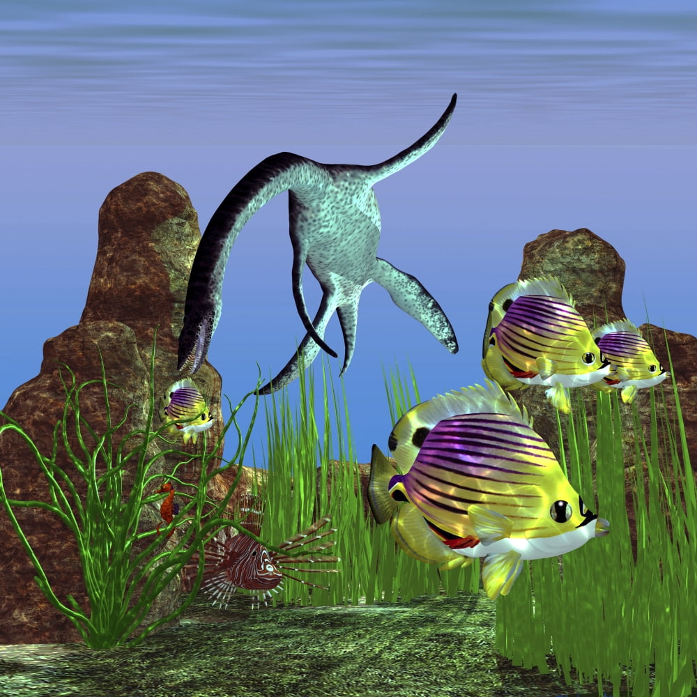 Angelfish try to swim out of the reach of a Plesiosaurus dinosaur Canvas Art - Corey FordStocktrek Images (28 x 28)