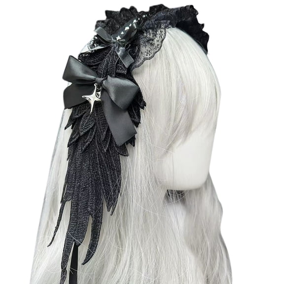 Angelic Wing Anime Lace Headband with Bowknot and Star Pendant For Women and Girl All Age Headwrap For Special Occasion