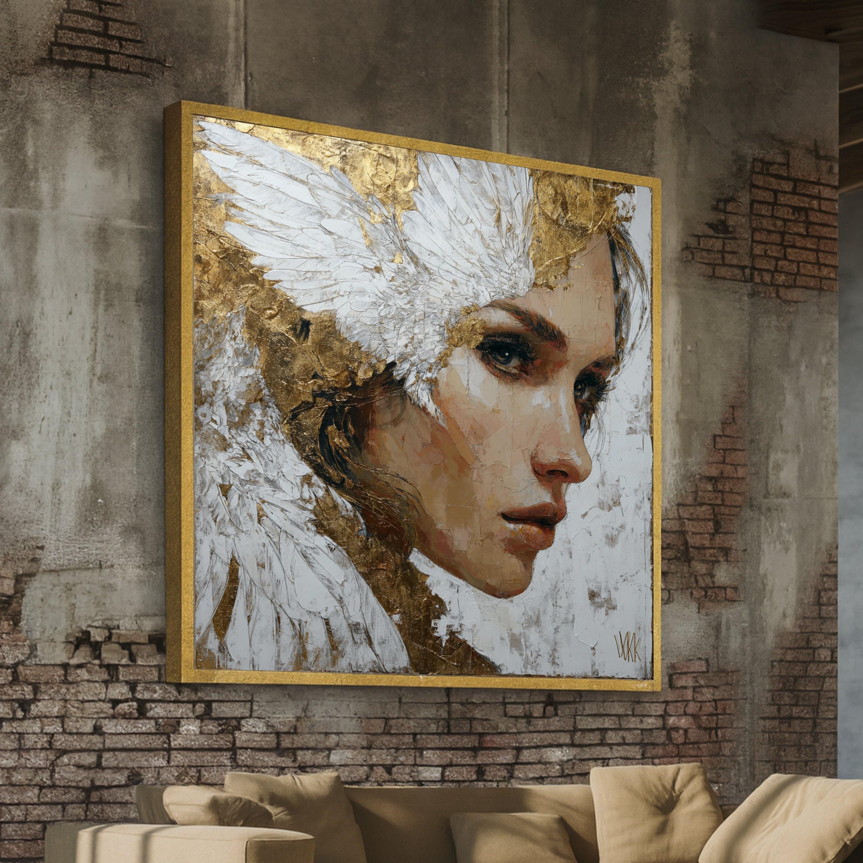 Angelic Woman Portrait Art, White Feather Wings, Gold Leaf Texture Wall ...