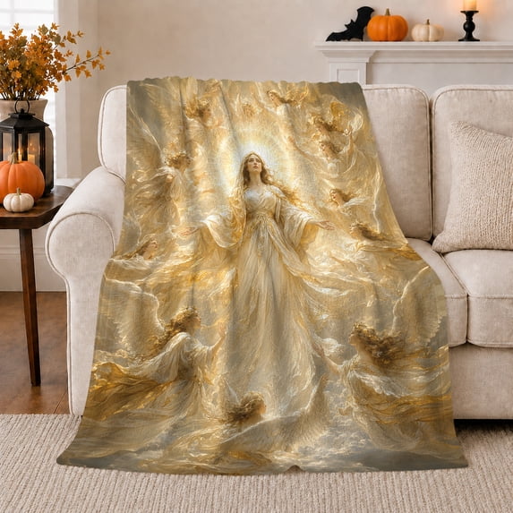 Angelic Woman amid Golden Wings and Light, Uplifting Vintage Inspirational Heaven Scene for Faith Art Lovers, Christmas Gift, Warm Flannel Blanket for Bedroom and Reading Nook, Elegant Home Decor