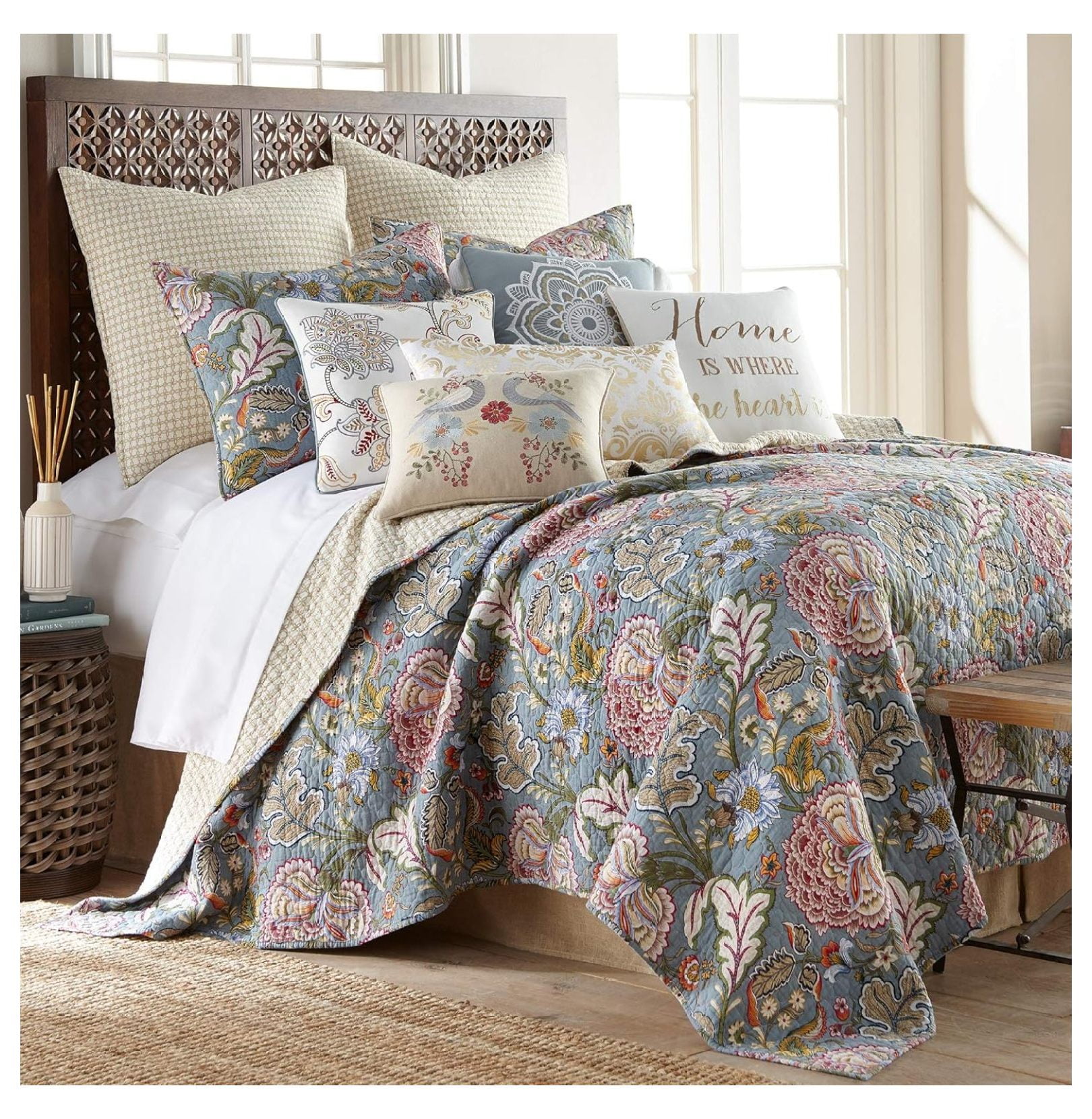 - Angelica Quilt Set - Full/Queen Quilt + Two Standard Pillow Shams - Floral - Aqua Taupe Green Blue Orange Grey - Quilt (88x92in.) and Pillow Shams (26x20in.) - Reversible - Cotton