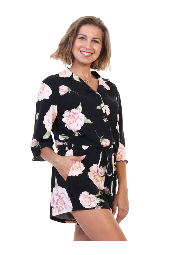 Brushed Microfiber Quarter Sleeves Button-Down Romper