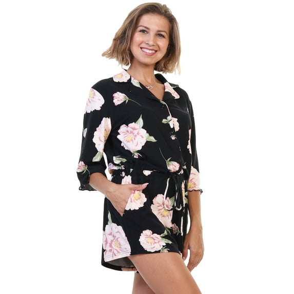 Angelina Brushed Microfiber Quarter Sleeves Button-Down Romper