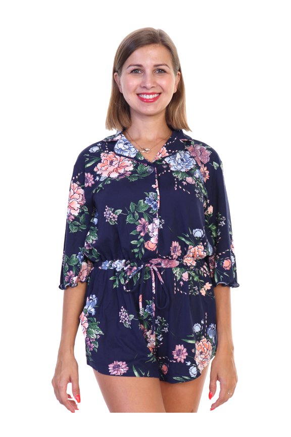 Brushed Microfiber Quarter Sleeves Button-Down Romper