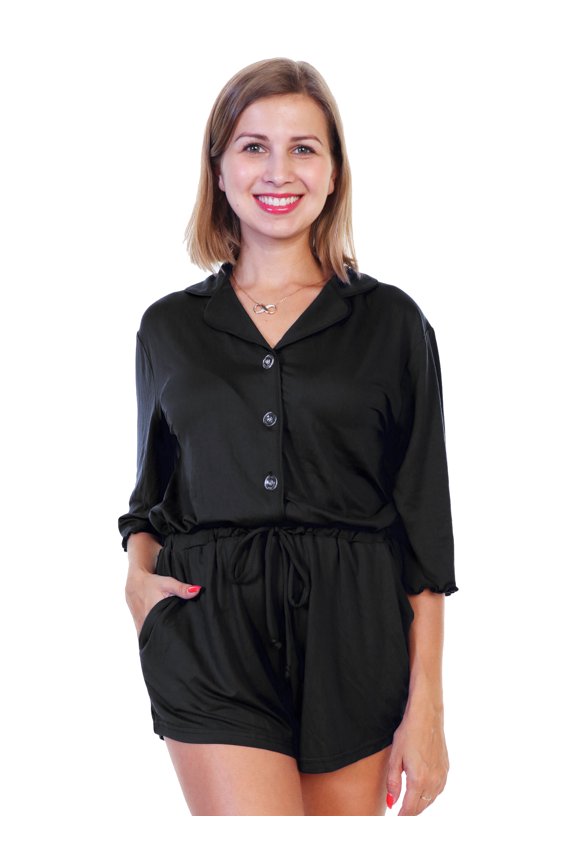 Brushed Microfiber Quarter Sleeves Button-Down Romper
