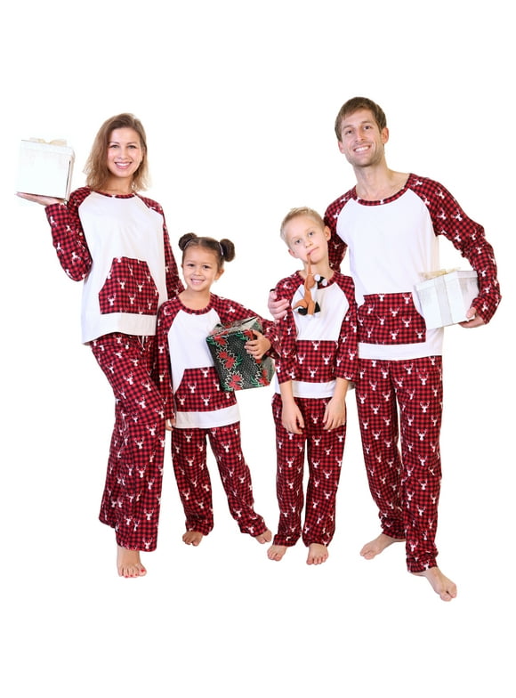 Christmas 2-Piece Set Matching Family Flannel Kangaroo Pocket Raglan Shirt with Pajama Pants