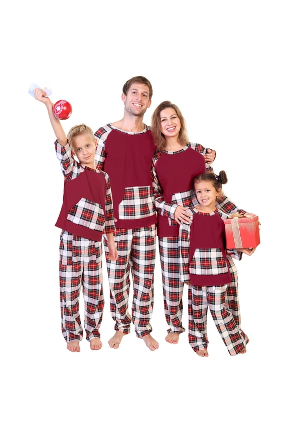 Christmas 2-Piece Set Matching Family Flannel Kangaroo Pocket Raglan Shirt with Pajama Pants