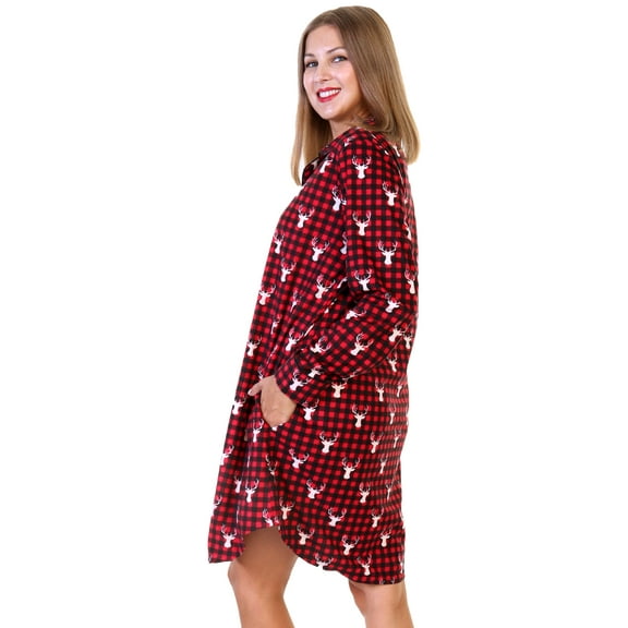 Angelina Christmas Matching Women's Flannel Button Down Sleep Shirt Dress Pajama