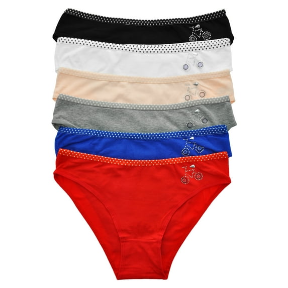 Angelina Women's Cotton Bikini Panties with Rhinestone Bicycle Detail (6-Pack)