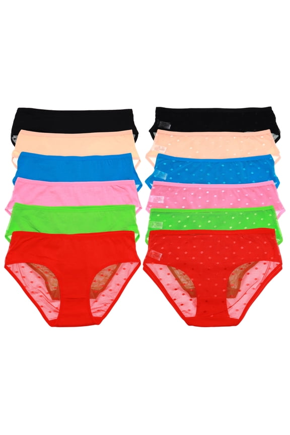 Cotton Hiphugger Panties with Polka Dot Mesh Back (12-Pack)