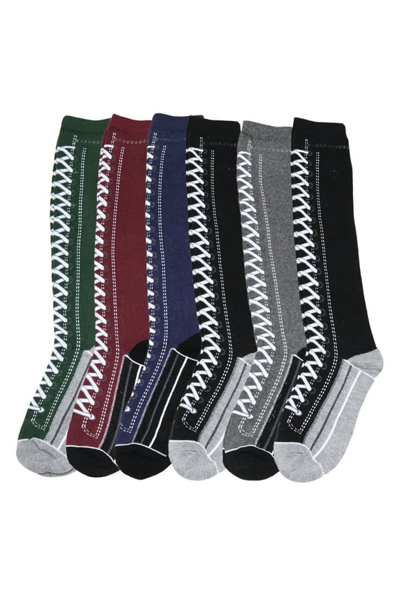 Cotton Knee-High Socks with Lace Up Boots Design (6-Pack)