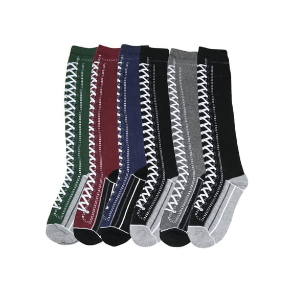 Angelina Cotton Knee-High Socks with Lace Up Boots Design (6-Pack)