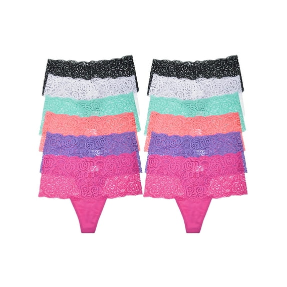 Angelina Cotton Thong Panties with Flower Lace Waist (12-Pack)