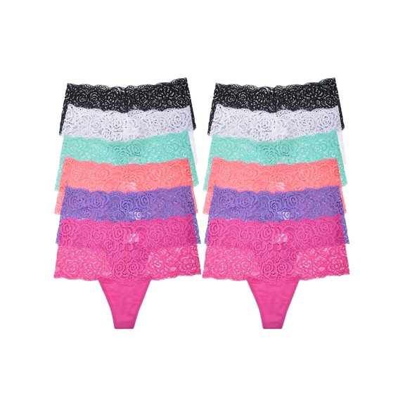 Angelina Cotton Thong Panties with Flower Lace Waist (12-Pack)