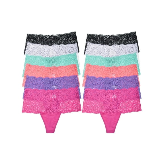 Angelina Cotton Thong Panties with Flower Lace Waist (12-Pack)