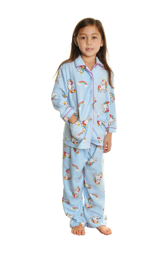 Girl's Cozy Fleece Notch Collar Pajama Set with Pockets (1-Pack)
