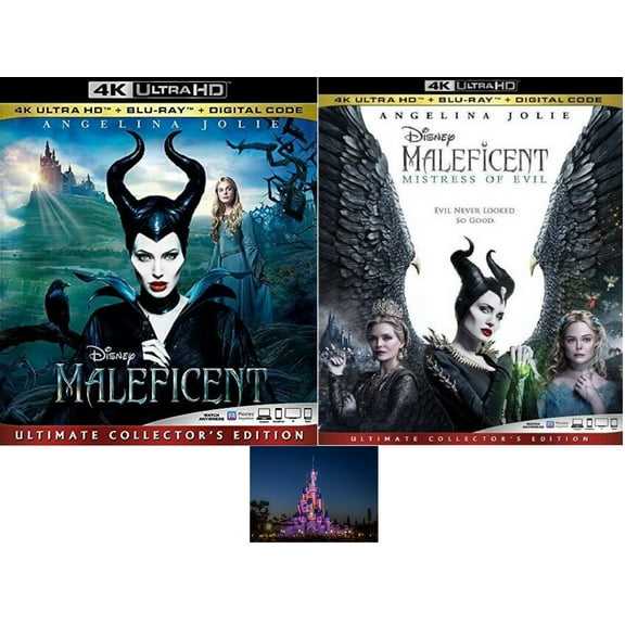 Angelina Jolie Double Feature Maleficent 1 One & 2 Two Mistress of Evil 2 4K Ultra HD + Blu Ray Set Includes Glossy Print Magic Kingdom Art Card