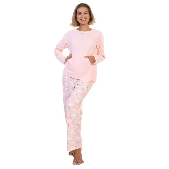 Angelina Women's Kangaroo Pocket Shirt Top with Flannel Pants Pajama Set