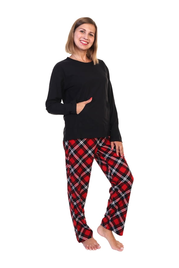 Women's Kangaroo Pocket Shirt Top with Flannel Pants Pajama Set