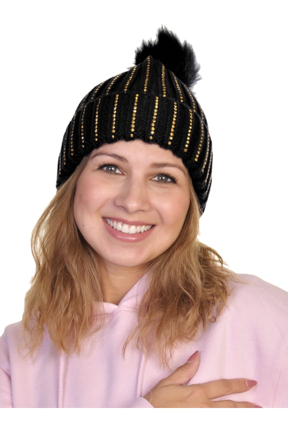 Pom-Pom Knit Beanies with Rhinestone Accent Design (2-Pack)
