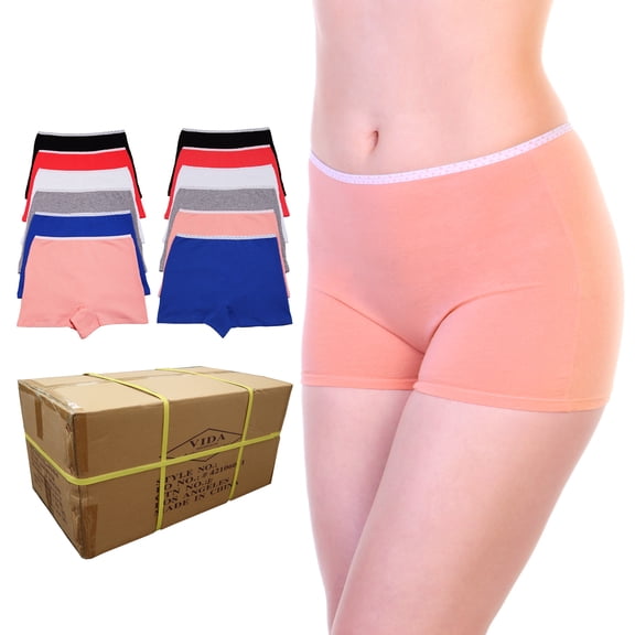 Angelina Women's Classic Cotton Boyshort Panties with Polka Dot Waistband  in Bulk (24-Dozen/ 288 Panties Per Box)