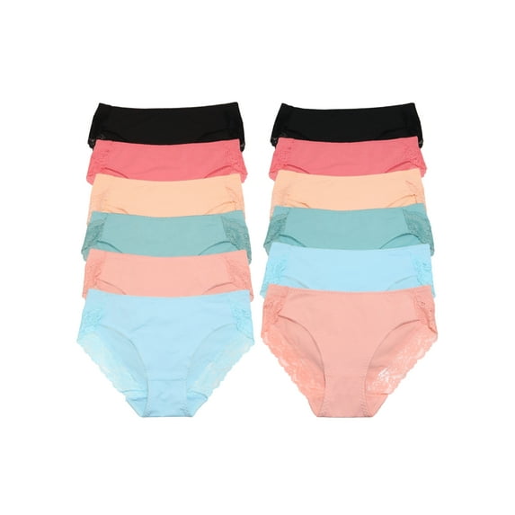 Angelina Women's Cotton Bikini Panties with Back Lace Accent Detail (12-Pack)