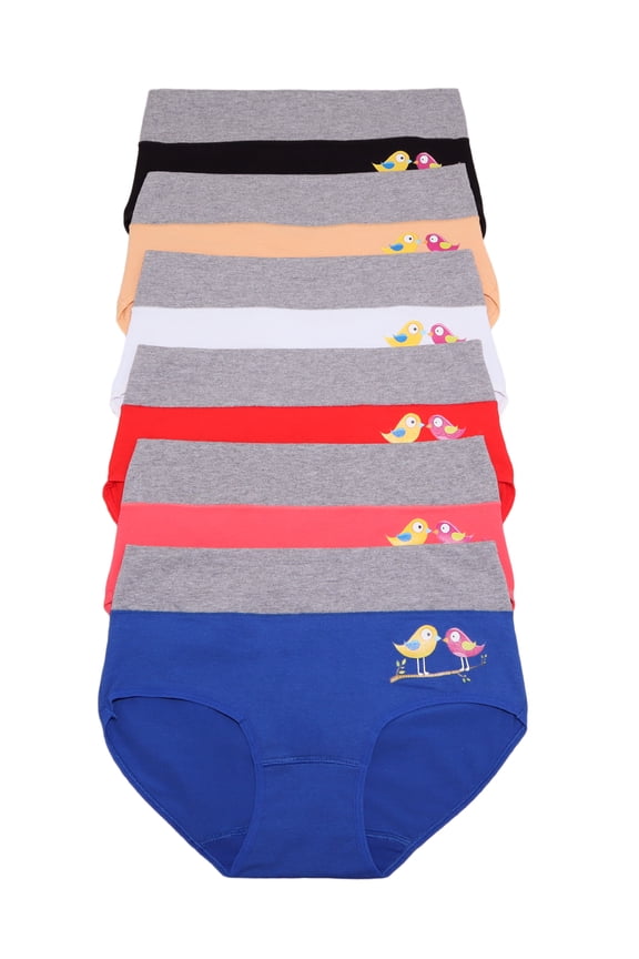 Women's Cotton Comfort Mid-Rise Brief Panties with Bird Print Design (6-Pack)